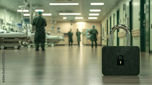 A metal padlock stands on a corridor in a hospital setting