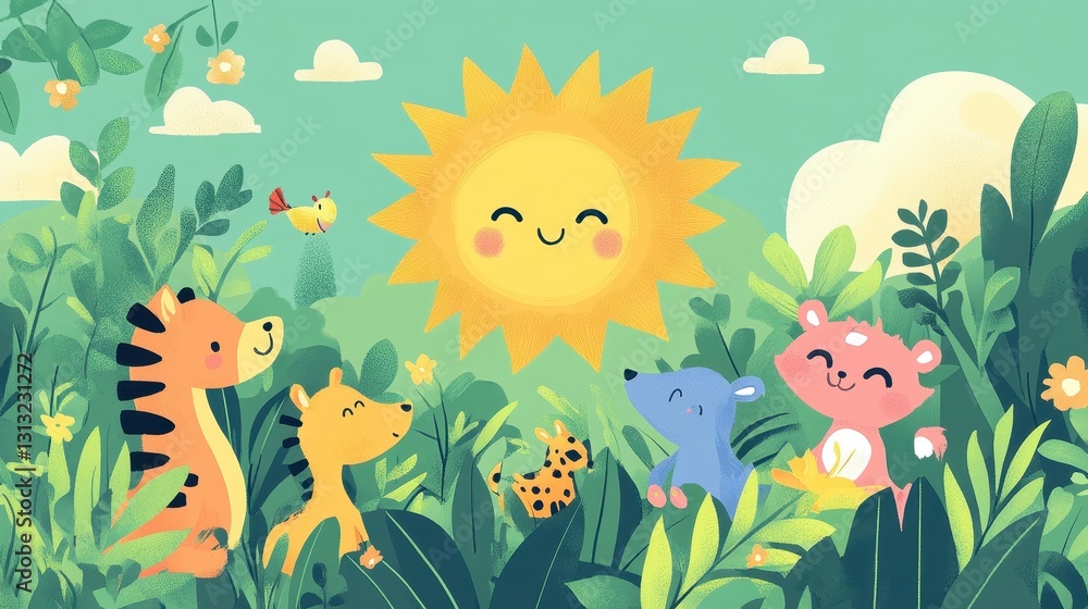 Fototapeta premium Animated Animals Gathering Under A Bright Smiling Sun