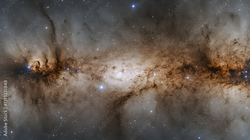 Obraz premium A breathtaking cosmic landscape showcasing a vast nebula, swirling with shades of brown and grey. Stars twinkle against the backdrop of interstellar dust and gas, creating a stunning celestial scene.