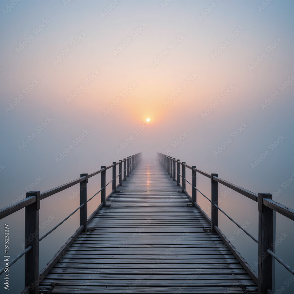 Fototapeta premium Walkway Through Morning Mist Leading to Sunrise Over Water