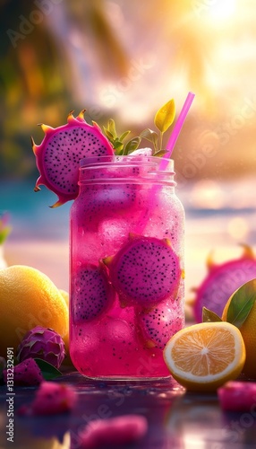dragon fruit lemonade in an artisan glass mason jar