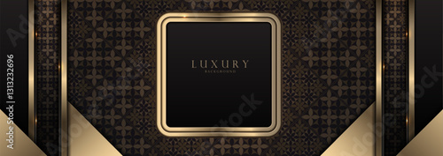 Black gold abstract background with a golden frame. Perfect horizontal wallpaper for Islamic celebrations, Diwali invitations, High quality vector illustration, not AI-generated.