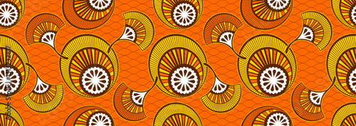 African Tribal Seamless Pattern. Abstract Circles and Leaves. Horizontal Illustration Elements. Traditional Textile Art. Fashion Fabric. Vector Design. Not Created by AI.