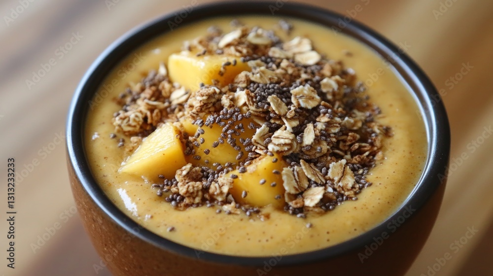 Creamy Mango Smoothie Bowl Topped with Granola and Chia Seeds Creamy Mango Smoothie Bowl Topped with Granola and Chia Seeds