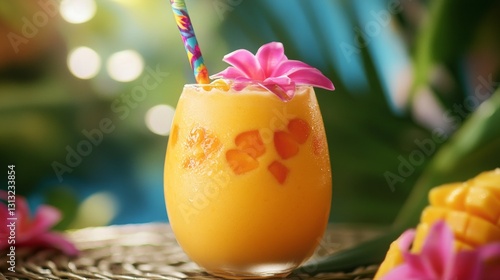Refreshing Tropical Drink with Colorful Straw and Flowers