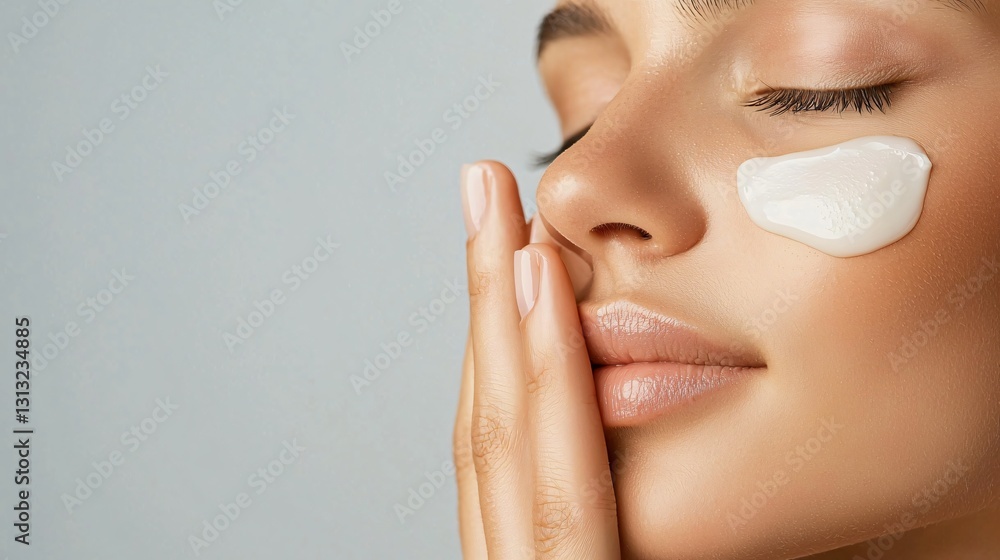 A Woman Applying Hydrating Face Cream in a Serene Indoor Space Close-Up Beauty Routine Self-Care Concept A Woman Applying Hydrating Face Cream in a Serene Indoor Space Close-Up Beauty Routine Self-Care Concept