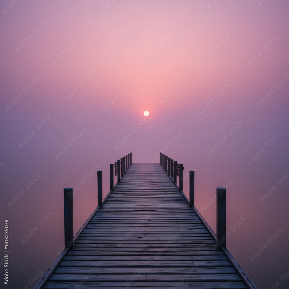 Fototapeta premium Dock Leading to Sun in Foggy Lake Waterscape at Sunrise