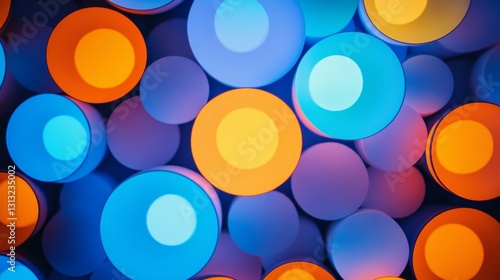 A close-up view of overlapping circular lights in vibrant blue, orange, and yellow tones, creating an abstract geometric composition with a modern and artistic feel.. AI Generation