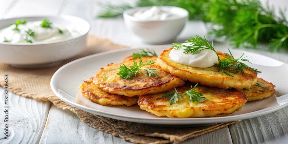 Pancakes made from grated potatoes served with sour cream and fresh dill on a white plate , Potato pancakes, European cuisine Pancakes made from grated potatoes served with sour cream and fresh dill on a white plate , Potato pancakes, European cuisine