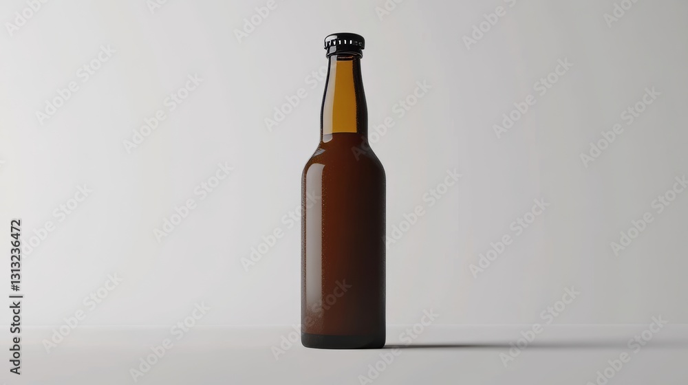 Brown bottle stands alone, casting shadow on white studio surface Brown bottle stands alone, casting shadow on white studio surface