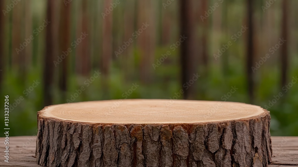 Natural Wooden Cut Log on Rustic Table in Forest with Green Background Natural Wooden Cut Log on Rustic Table in Forest with Green Background
