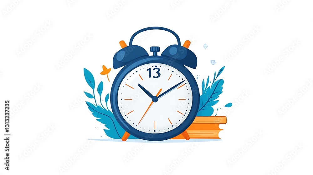 Vibrant Illustration: Blue Alarm Clock Showing 1:13 PM, Surrounded by Floral Elements and Books AI Generated Vibrant Illustration: Blue Alarm Clock Showing 1:13 PM, Surrounded by Floral Elements and Books AI Generated