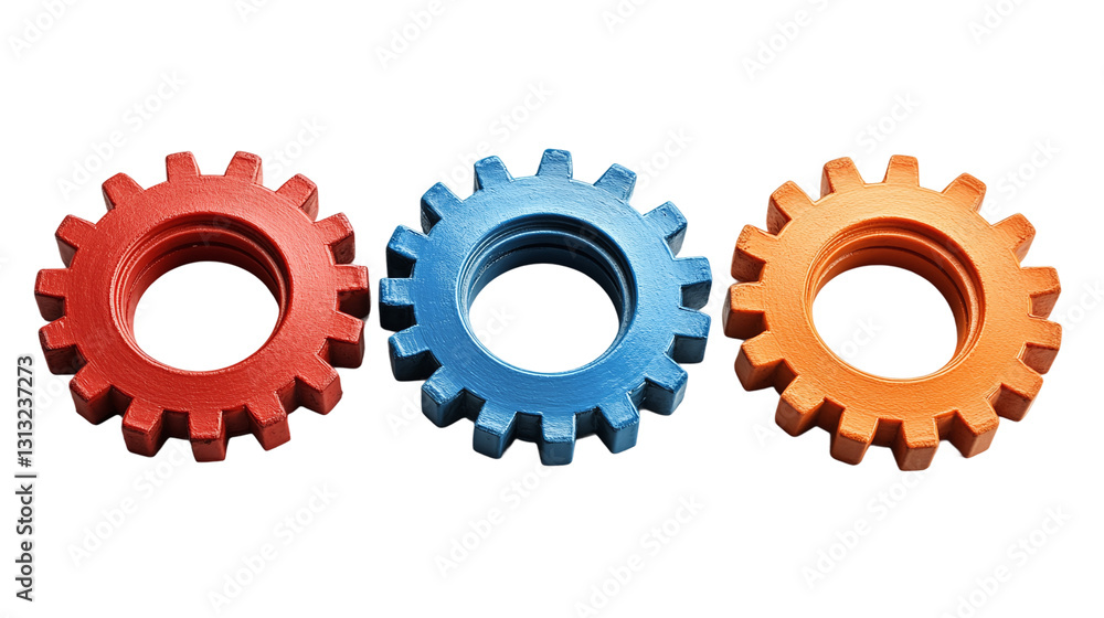Set of three cogwheels of different colors, red, blue, and orange gears, isolated on a transparent background, symbolizing teamwork and cooperation in machinery and systems engineering. Set of three cogwheels of different colors, red, blue, and orange gears, isolated on a transparent background, symbolizing teamwork and cooperation in machinery and systems engineering.