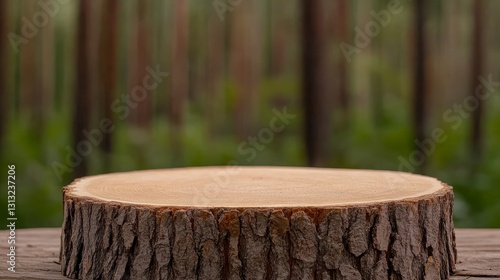 Natural Wooden Cut Log on Rustic Table in Forest with Green Background photo