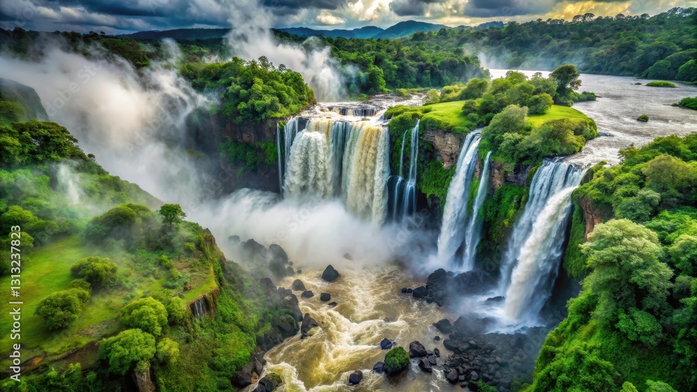 Aerial view of a powerful waterfall crashing dramatically with misty atmosphere and lush greenery surrounding it, showcasing the natural wonder of the scene , nature, aerial view