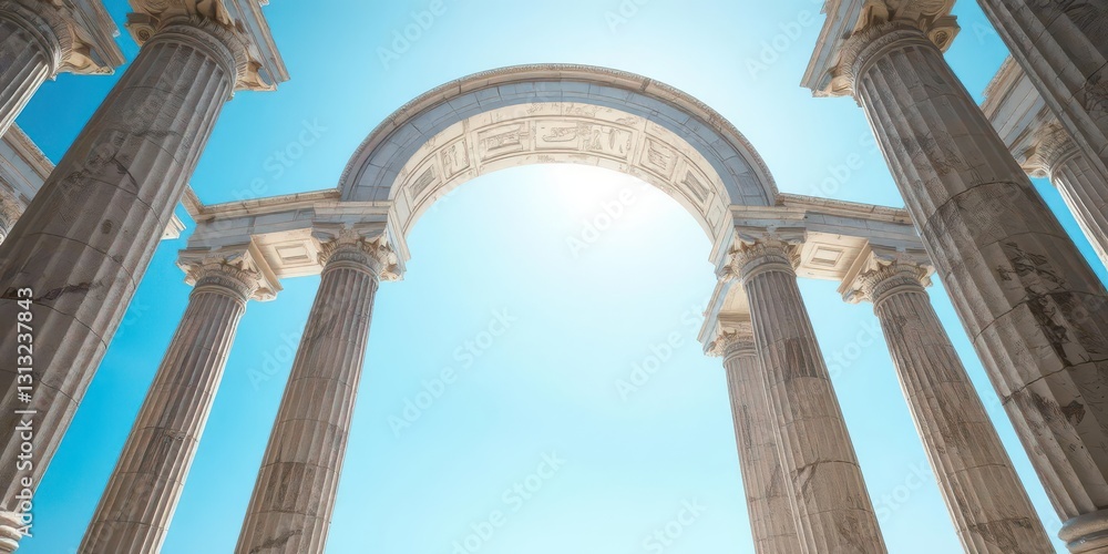 Fototapeta premium Ancient marble pillars form an ellipse against a vibrant blue sky, blue, landscape, ellipse