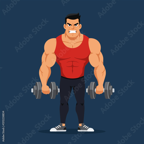 Man Lifting Dumbbell Weights with Focused Expression Illustration Art