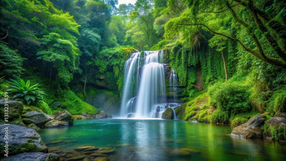 Waterfall amidst lush greenery, waterfall, forest, waterfall, forest, green, serene Waterfall amidst lush greenery, waterfall, forest, waterfall, forest, green, serene