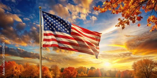 A lone American flag stands upright against a vibrant autumn sky with the flag waving gently in the breeze as leaves fall around it , outdoor scenery, autumn leaves