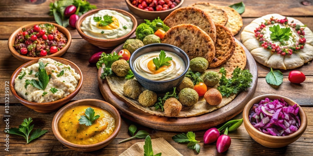 Freshly baked pita bread with various Mediterranean dips and spreads displayed on a wooden table Freshly baked pita bread with various Mediterranean dips and spreads displayed on a wooden table