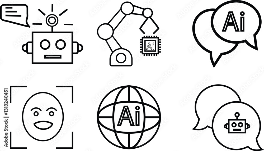 Fototapeta premium AI Communication and Robotics Icon Set – Collection of Digital Icons Representing Chatbots, Automation, Facial Recognition, and Global AI Networks with Transparent Background.