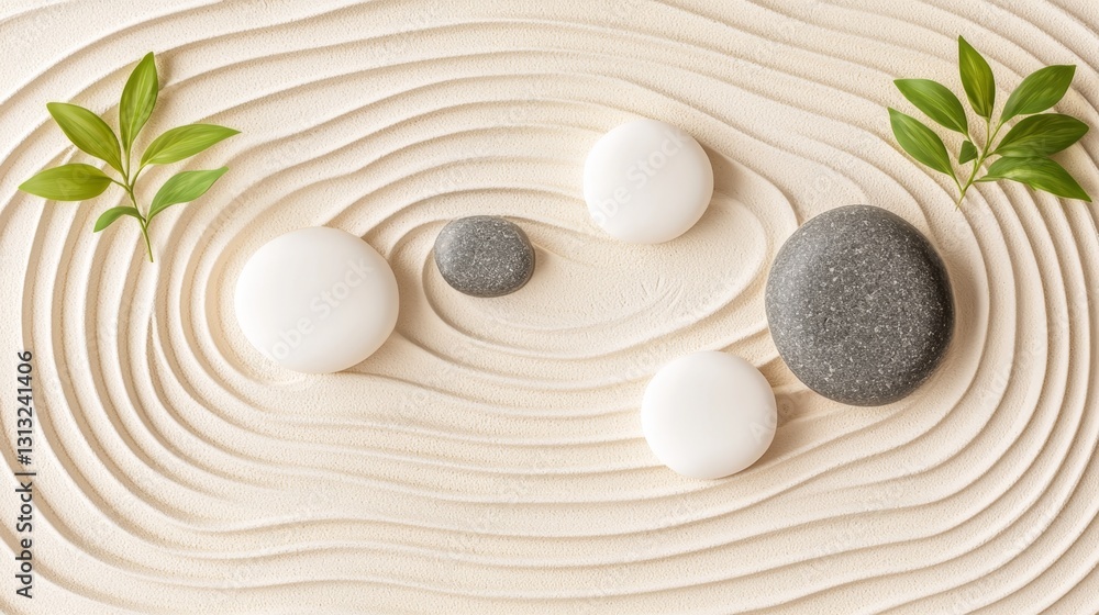 Balancing Elements of Yin and Yang with Stones and Leaves in Tranquil Sand Pattern,3D rendering Balancing Elements of Yin and Yang with Stones and Leaves in Tranquil Sand Pattern,3D rendering