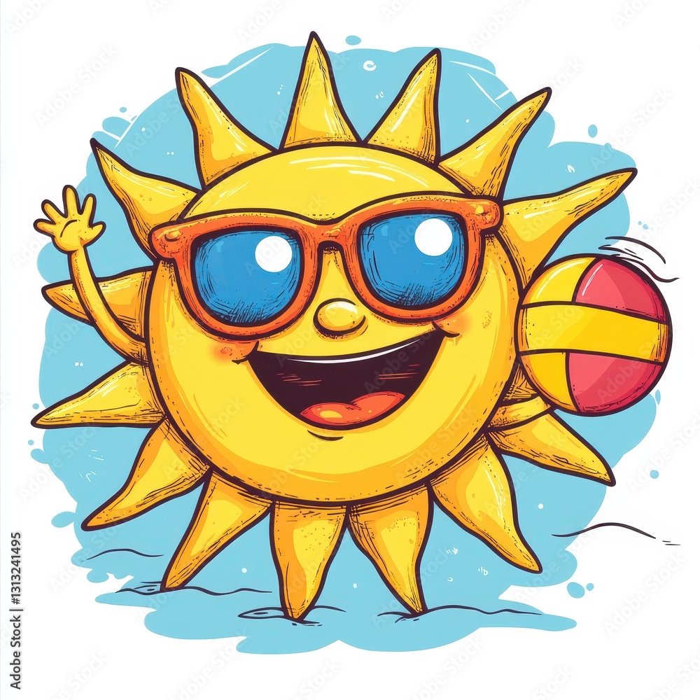 Fototapeta premium Animated illustration of a smiling sun wearing sunglasses and playing