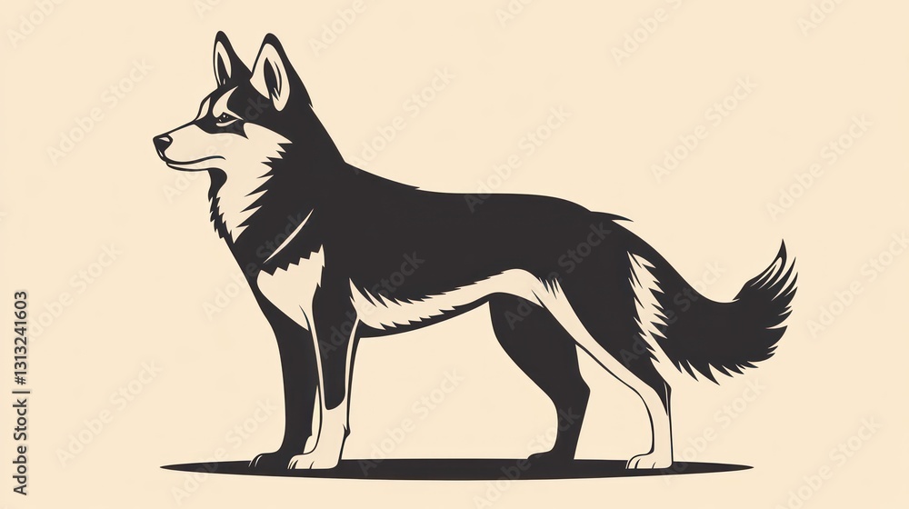 Fototapeta premium Silhouetted husky dog profile, vintage style graphic