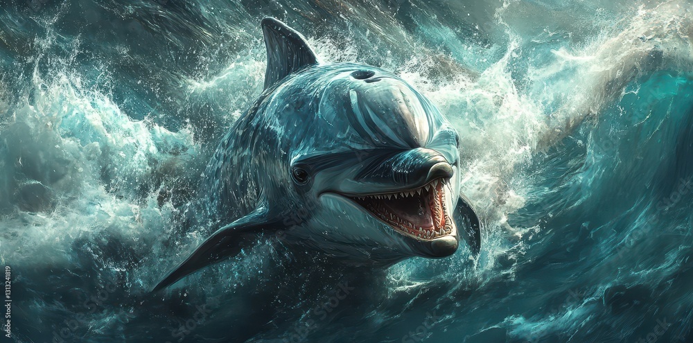 Fototapeta premium A striking image of a dolphin swimming in turbulent ocean waves