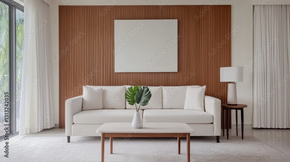 Fototapeta premium Modern Feng Shui Trends. Living Room with Wooden Accents and Minimalist Design Elements,3d rendering