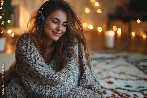 Smiling woman wearing headphones enjoys listening to music in a cozy room