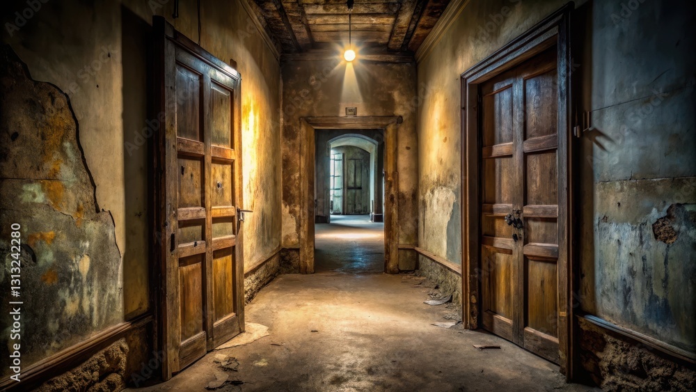 A dimly lit hallway with a large wooden door that appears old and worn, slightly ajar as if inviting curiosity , dark corridor, abandoned entrance A dimly lit hallway with a large wooden door that appears old and worn, slightly ajar as if inviting curiosity , dark corridor, abandoned entrance