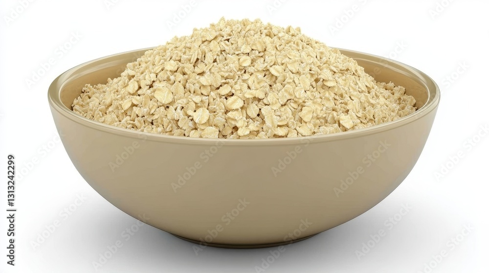 Rolled oats spilling from a beige bowl, white background Rolled oats spilling from a beige bowl, white background