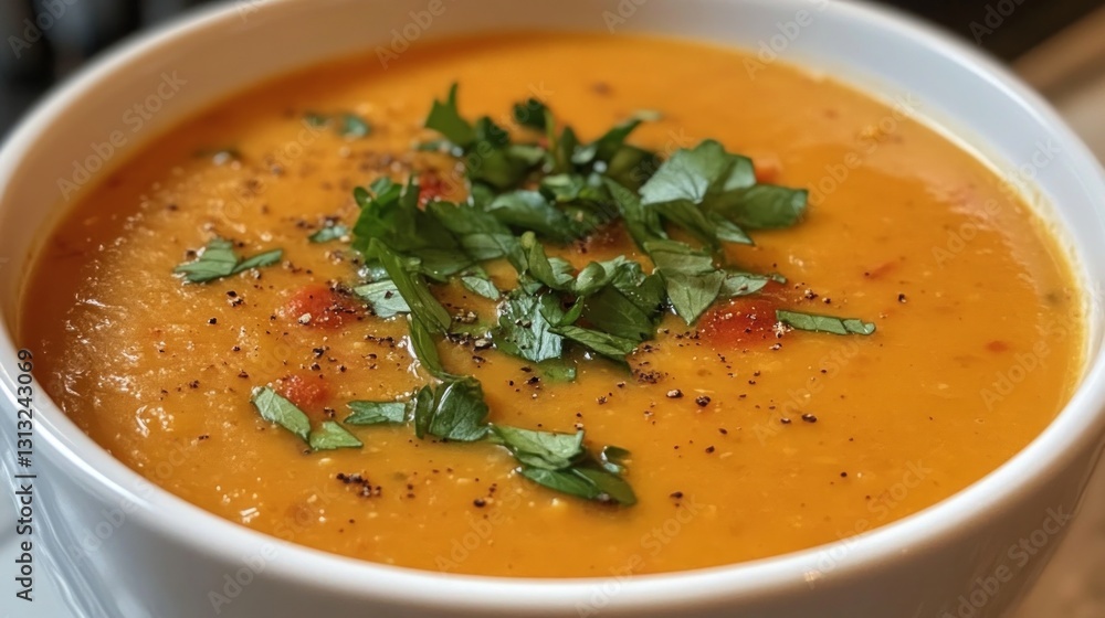 Creamy Pumpkin Soup Garnished with Fresh Herbs in White Bowl Creamy Pumpkin Soup Garnished with Fresh Herbs in White Bowl