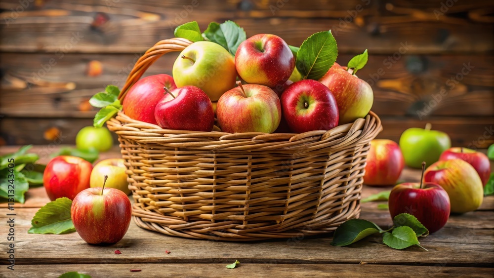 A natural woven wicker basket overflowing with a variety of juicy fresh apples, arranged artfully inside the container A natural woven wicker basket overflowing with a variety of juicy fresh apples, arranged artfully inside the container