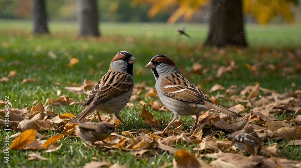 Old World Sparrows Pecking at Seeds in Autumn Park Old World Sparrows Pecking at Seeds in Autumn Park
