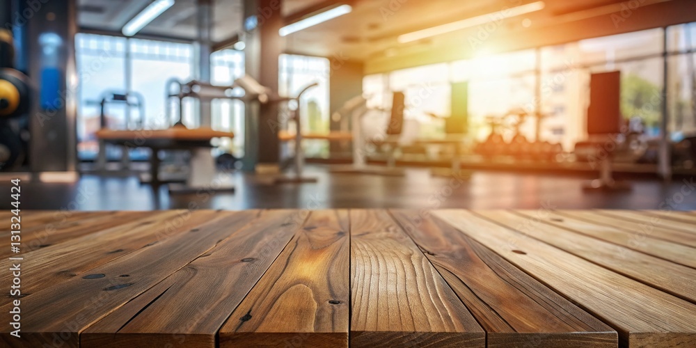 Empty Wooden Table Mockup for Fitness Products - Gym Background, Product Display Template Empty Wooden Table Mockup for Fitness Products - Gym Background, Product Display Template