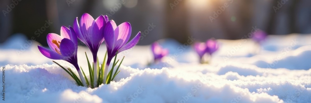Vibrant purple crocus emerges from melting snow, sunny spring day , springtime, detail Vibrant purple crocus emerges from melting snow, sunny spring day , springtime, detail
