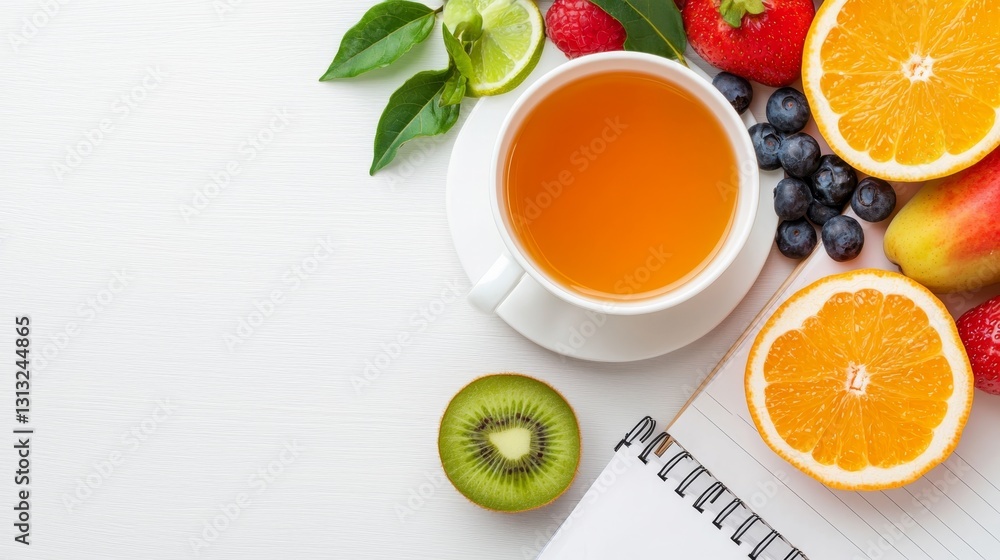 Well-Being Boost: Energizing Breakfast Setup for Productive Entrepreneurs with Fresh Fruits, Herbal Tea, and Planner Well-Being Boost: Energizing Breakfast Setup for Productive Entrepreneurs with Fresh Fruits, Herbal Tea, and Planner