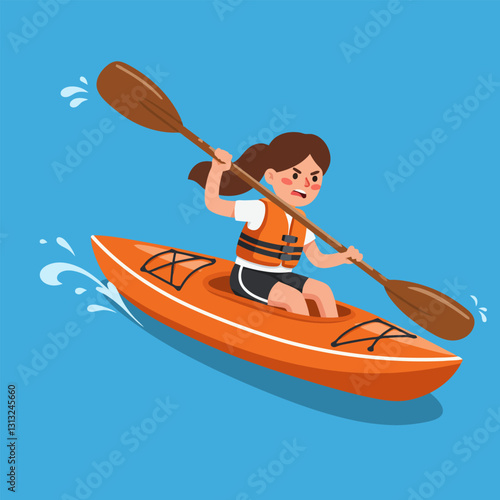 Woman Kayaking with Focus and Determination on Blue Water