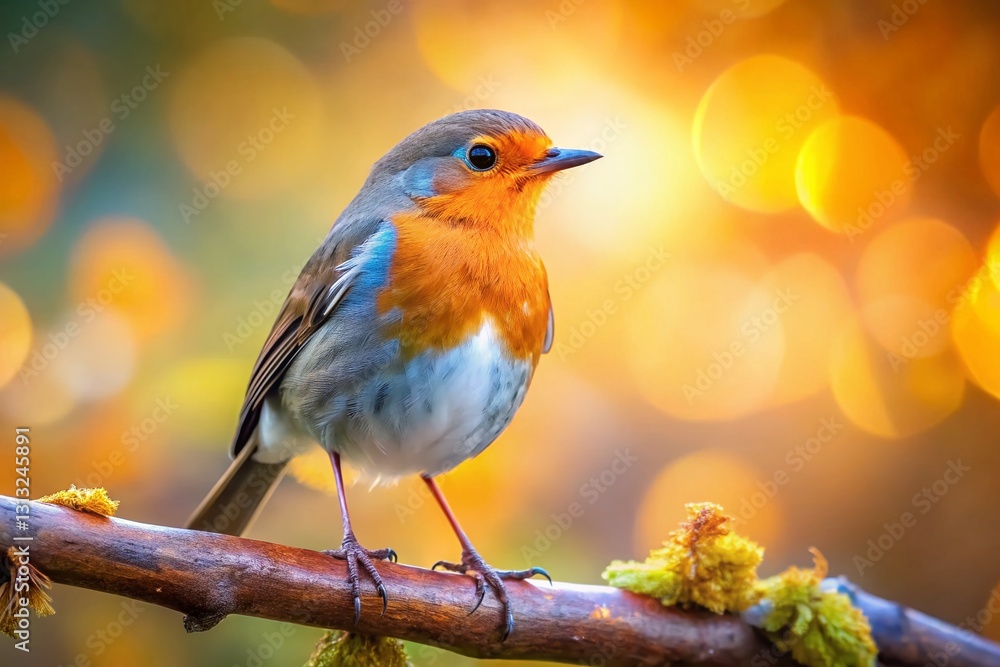 European Robin Bird on Branch with Bokeh Background - Autumnal Forest Scene European Robin Bird on Branch with Bokeh Background - Autumnal Forest Scene