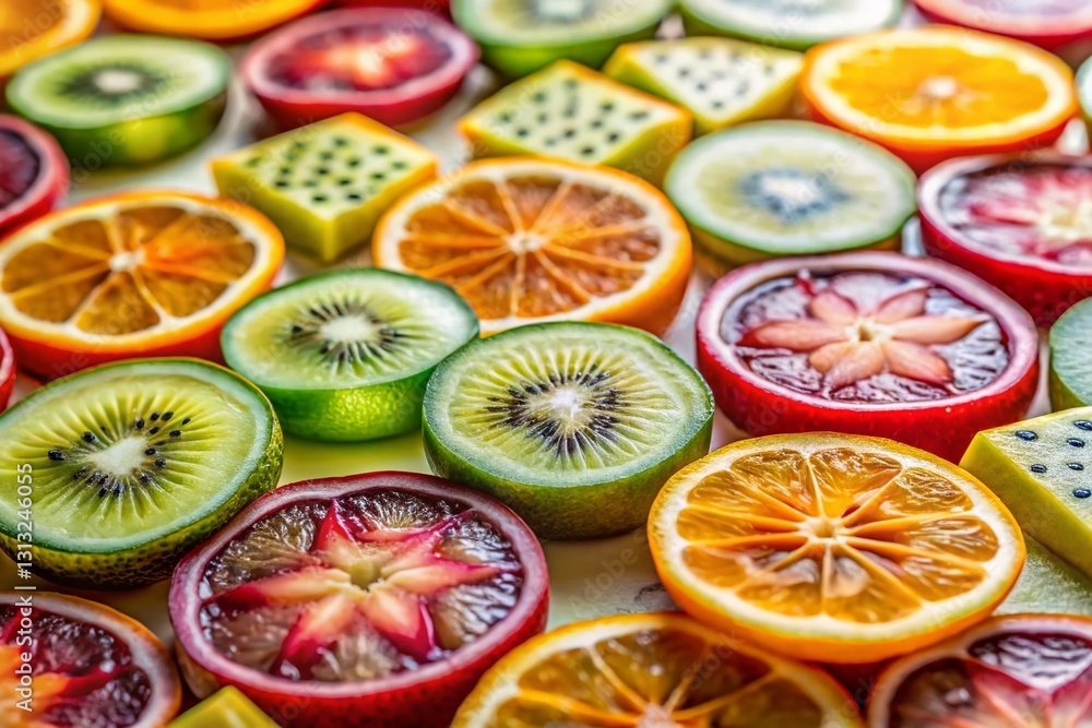 Exotic Fruit Slices: Geometric Line Art Texture, Tilt-Shift Photography Exotic Fruit Slices: Geometric Line Art Texture, Tilt-Shift Photography