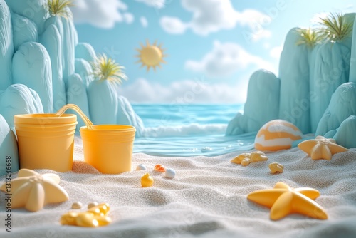 3D rendering of beach sand with sun, plastic toys, and pail in claymation style, cute cartoonish elements, pastel colors, minimalist background.