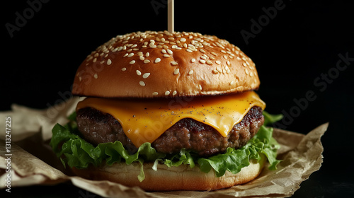 Delicious cheeseburger with lettuce and sesame bun on parchment paper