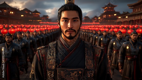 Emperor leads parade, Chinese city background, digital art