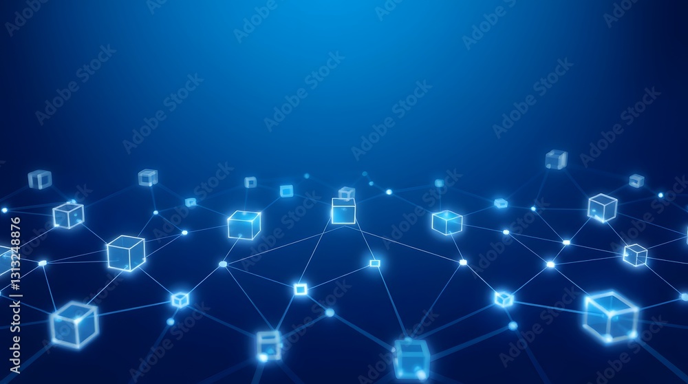 A futuristic digital blockchain network with glowing cubes interconnected by nodes, symbolizing AI, decentralization, cryptocurrency, and next-gen financial technology A futuristic digital blockchain network with glowing cubes interconnected by nodes, symbolizing AI, decentralization, cryptocurrency, and next-gen financial technology
