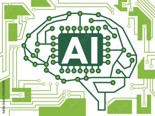 人工知能AIのイメージイラスト　人体の側面の脳、コンピューター回路図、ワイヤーフレーム　基板背景
