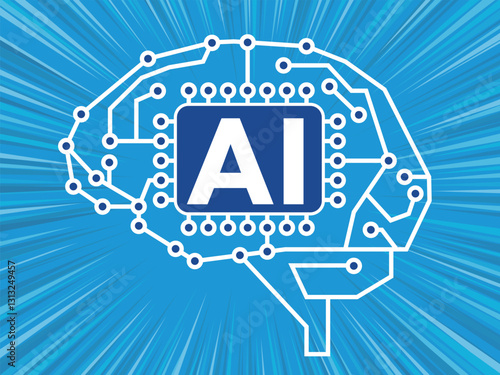 人工知能AIのイメージイラスト　人体の側面の脳、コンピューター回路図、ワイヤーフレーム　集中線背景
