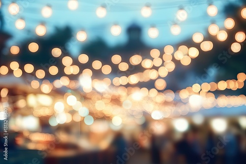 Blurred outdoor market with string lights at twilight
