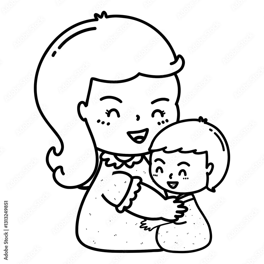 Obraz premium Cartoon outline illustration of mother holding and hugging her child, warm mother's day concept, image showing mother's love, mother's day coloring book image